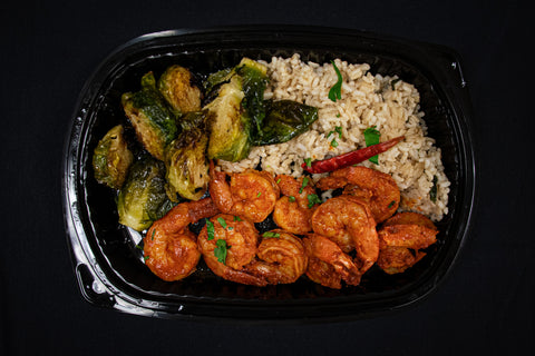 Buffalo Style Shrimp with Brussel Sprouts & Brown Rice