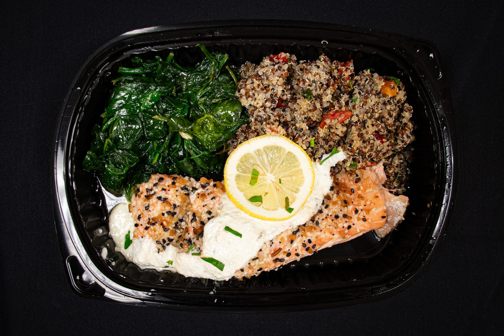 Everything Seasoned Salmon with Tzatziki Sauce with Spinach & Quinoa