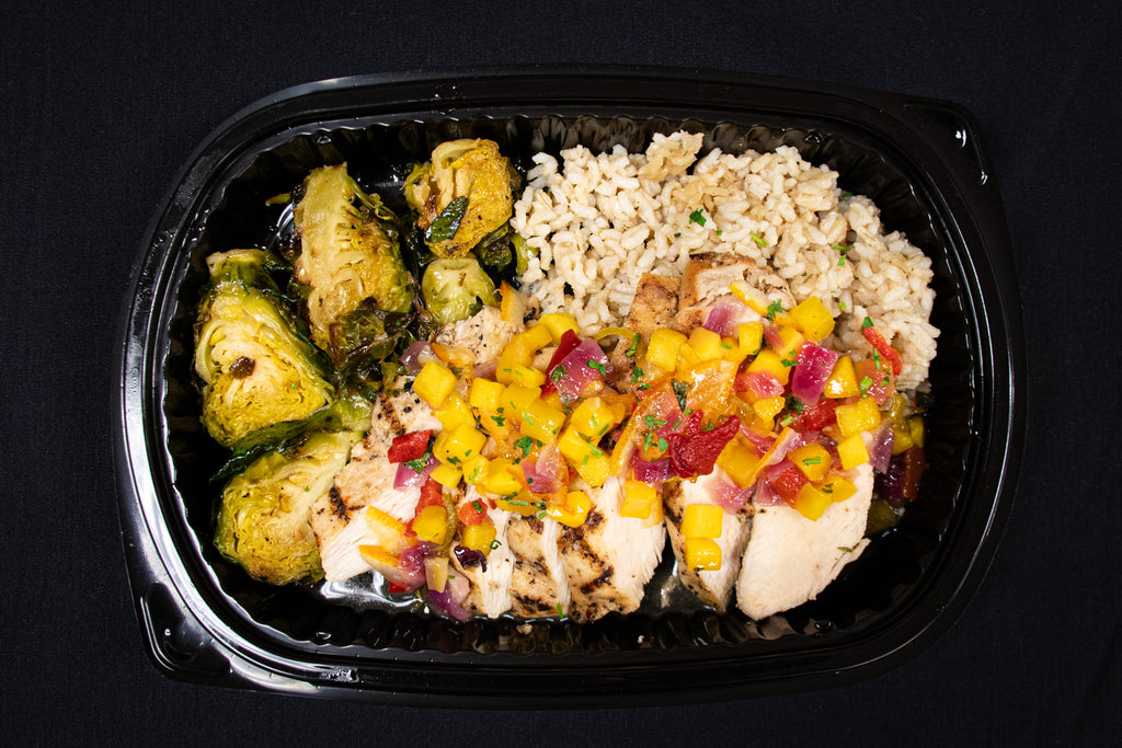 Mango Chutney Grilled Chicken with Brussel Sprouts & Brown Rice